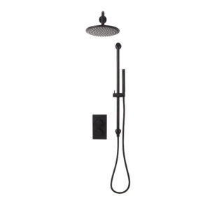 Core Black Twin Round handle, 2 outlet concealed valve with diverter inc Shower arm, Drench head and Handset riser kit