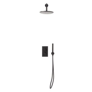 Core Black Twin Round handle, 2 outlet concealed valve with diverter. Inc Shower arm, Drench head, Handset & mounting bracket