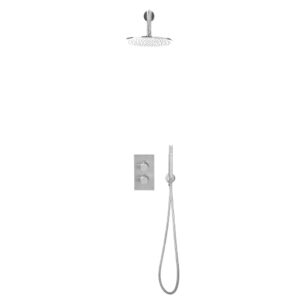 Core Chrome Twin Round handle, 2 outlet concealed valve with diverter. Inc Shower arm, Drench head, Handset & mounting bracket
